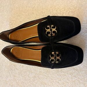 Tory Burch Black Suede loafer Flats with Gold Logo